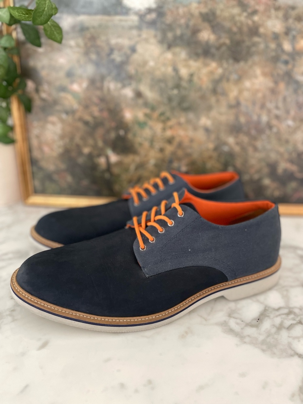 1901 Nordstrom Mens Oxford Shoes Blue Suede Almond Toe Orange Laces Sz 13